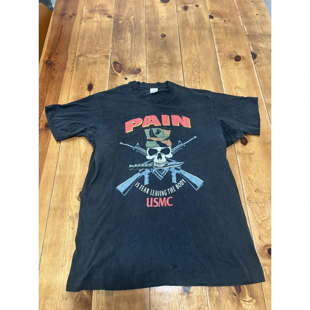 Vintage 1993 USMC Pain Is Fear Leaving The Body Skull M16 T-Shirt Black Men's M